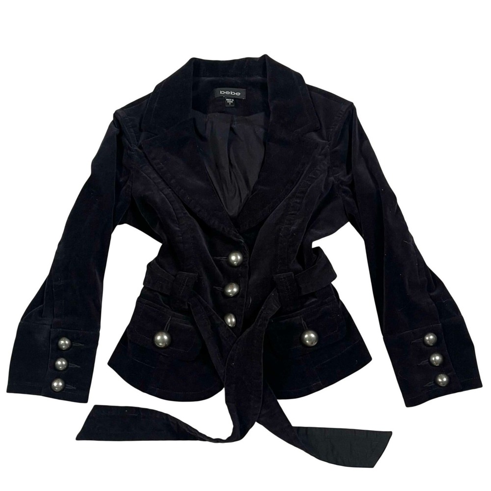 Bebe Black Velvet Military Blazer Jacket Belted Peplum Coat Y2K Womens Size 2